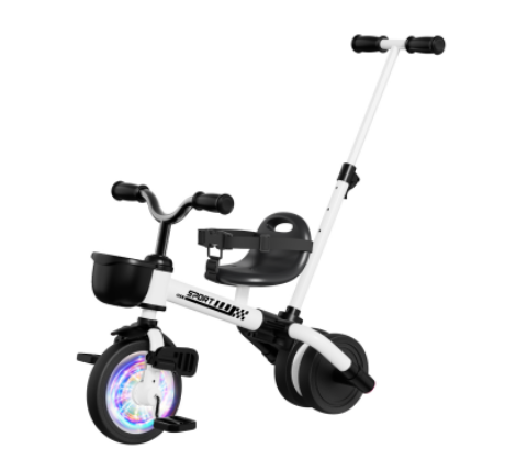 Multi-Functional Kids Tricycle | Stroller Trike with Flashing Light Wheel (White & Black Edition)