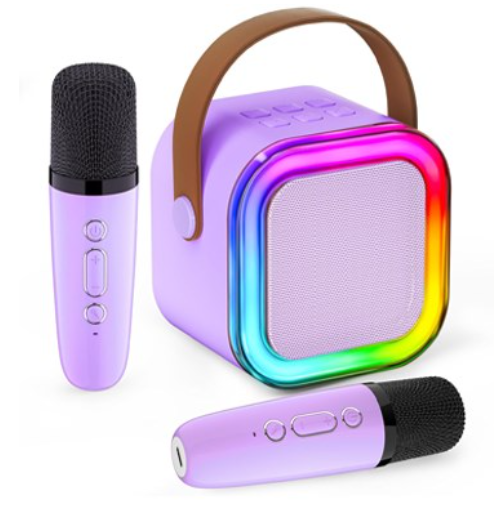 Dislocati Portable Karaoke Machine with 2 Wireless Microphones - Purple Bluetooth Speaker with RGB LED Lights, Leather Handle, and Rich Bass for Kids & Adults Gift
