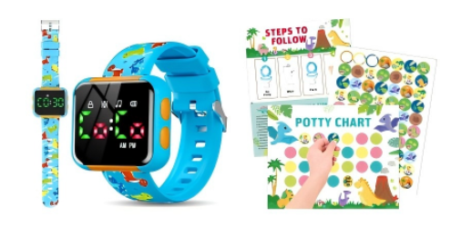 Potty Training Watch with Reward Chart Set - Waterproof Kids Training Timer Watch with Removable Dinosaur Stickers & Progress Tracker, Music & Vibration Alarms, Soft Silicone Wristband for Boys & Girls