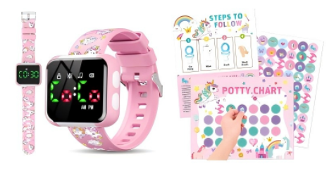 Potty Training Watch with Reward Chart Set - Waterproof Kids Training Timer Watch with Removable Unicorn Stickers & Progress Tracker, Music & Vibration Alarms, Soft Silicone Wristband for Girls